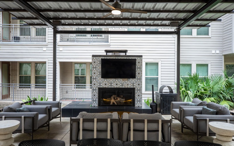 fireside seating in covered patio