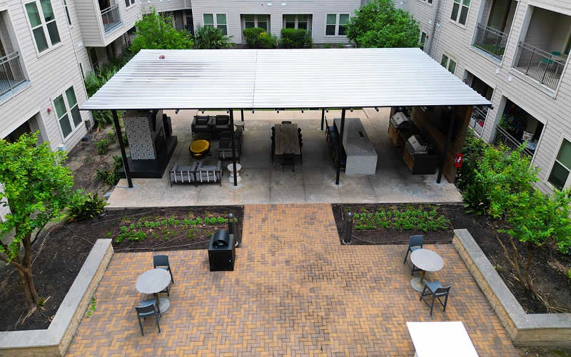 fireside seating in covered patio