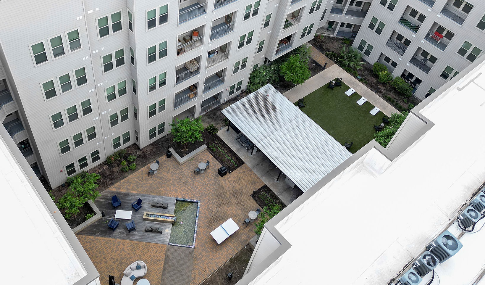 Courtyard overhead shot of courtyard amenities