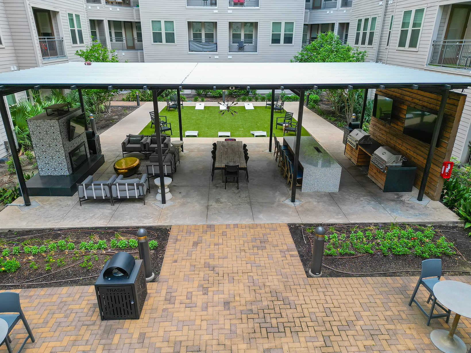 Covered Patio aerial shot of covered patio next to game lawn