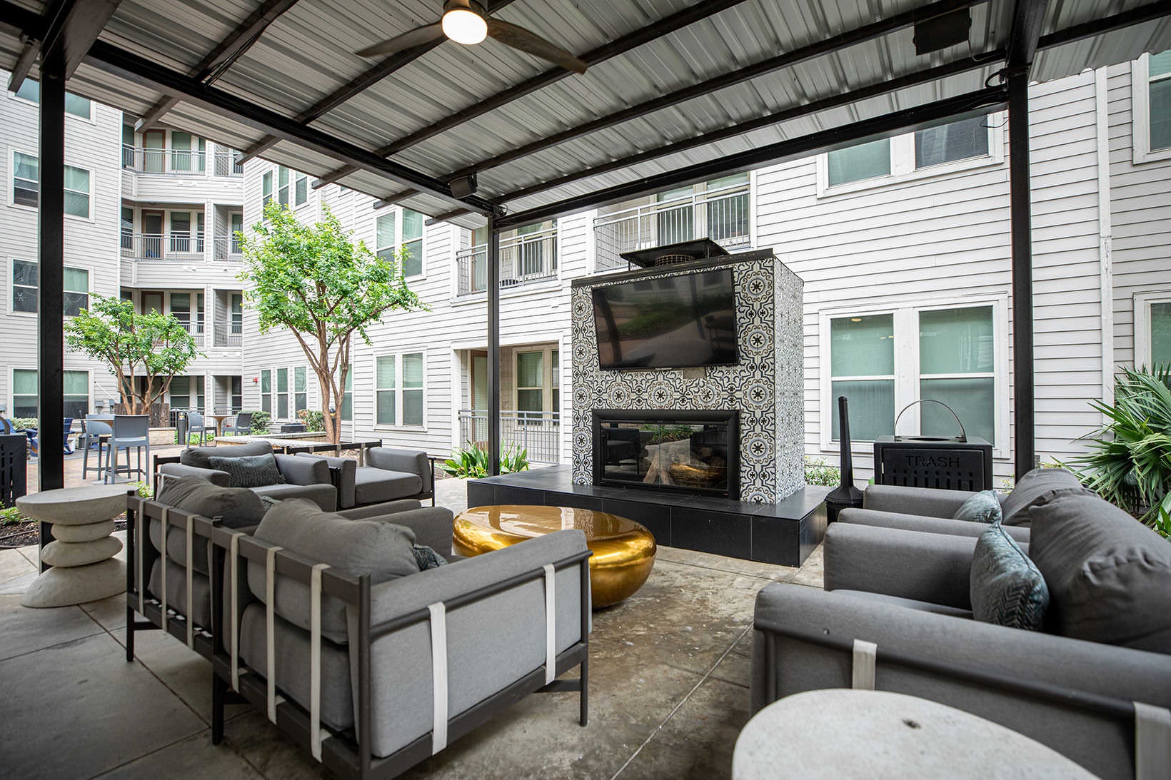 Outdoor Fireplace covered patio with fireside seating